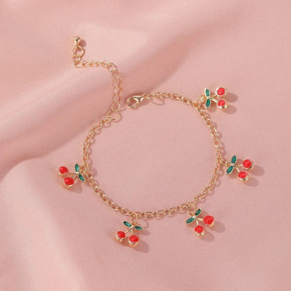 Red Cherry Gold Bracelet - Adjustable Bracelet & Anklet