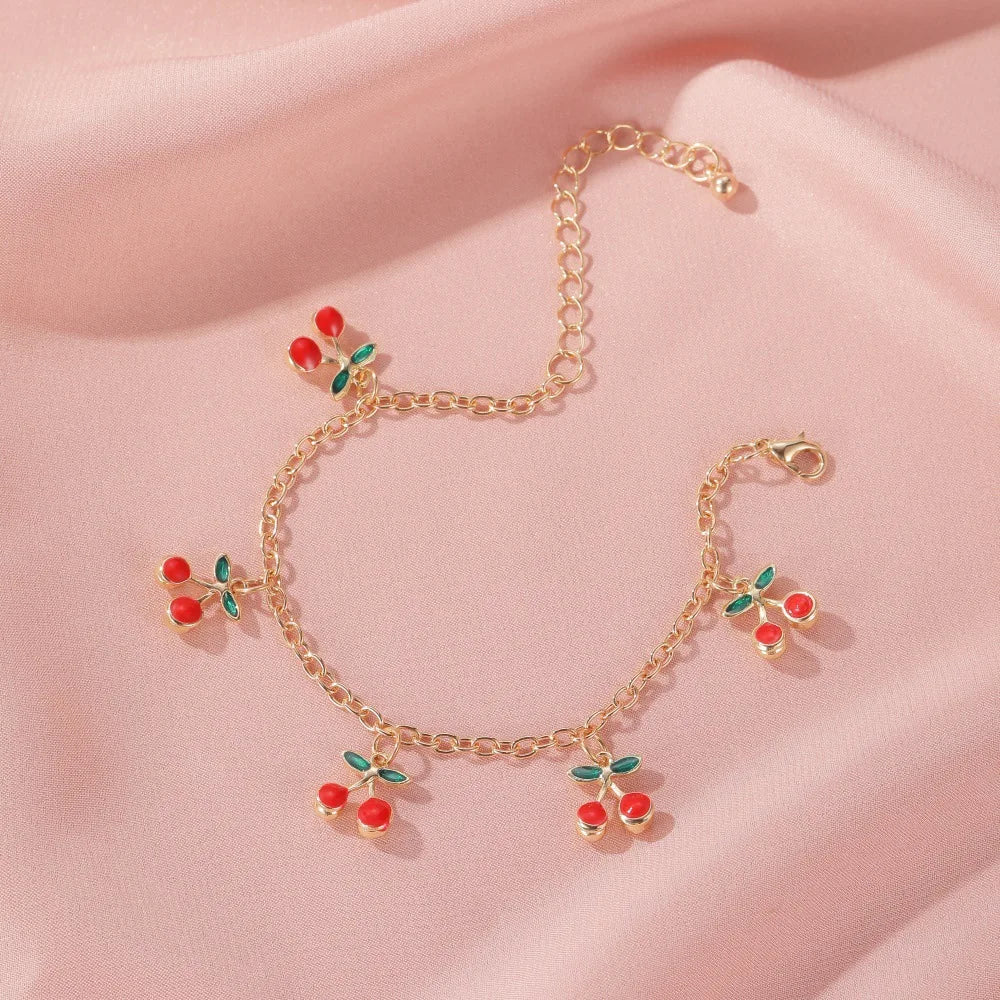 Red Cherry Gold Bracelet - Adjustable Bracelet & Anklet