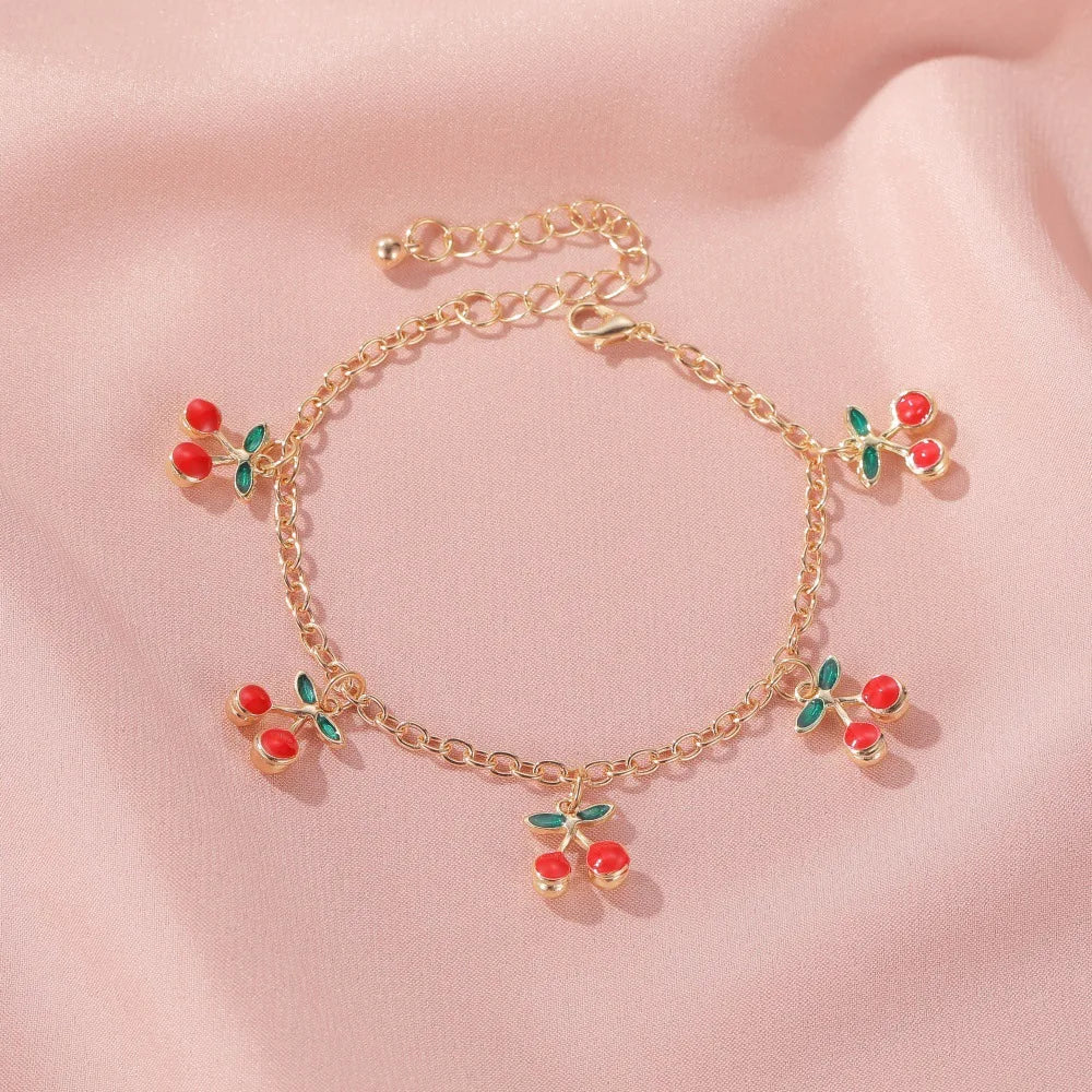 Red Cherry Gold Bracelet - Adjustable Bracelet & Anklet