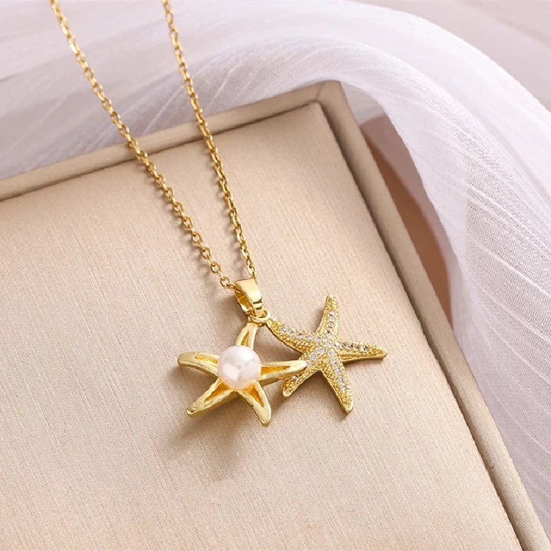 Gold Starfish Pendant Necklace - Ocean Jewelry