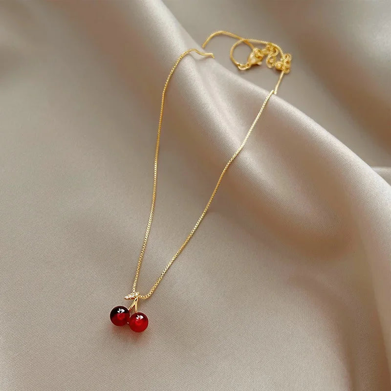 Red Cherry Pendant Necklace - Gold Chain Fruit Jewelry
