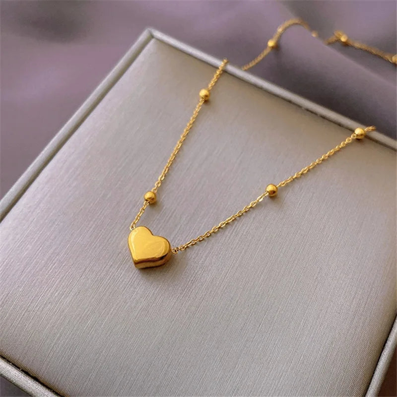 Gold Heart Necklace & Bracelet Set - Stainless Steel
