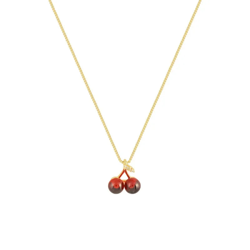 Red Cherry Pendant Necklace - Gold Chain Fruit Jewelry