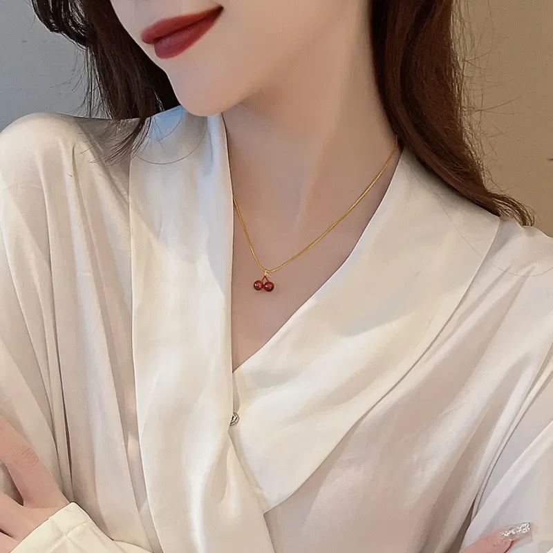 Red Cherry Pendant Necklace - Gold Chain Fruit Jewelry