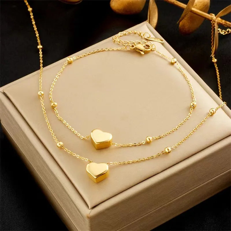 Gold Heart Necklace & Bracelet Set - Stainless Steel
