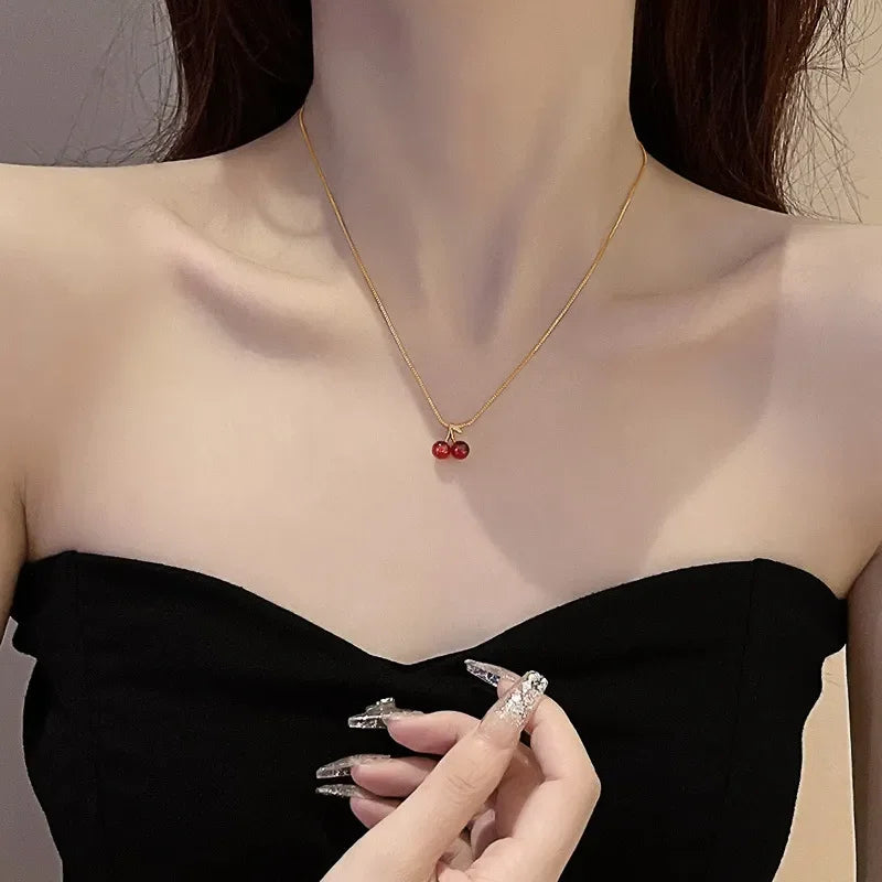 Red Cherry Pendant Necklace - Gold Chain Fruit Jewelry