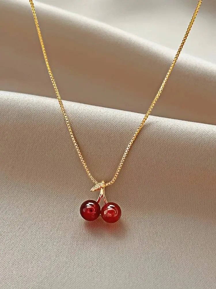 Red Cherry Pendant Necklace - Gold Chain Fruit Jewelry