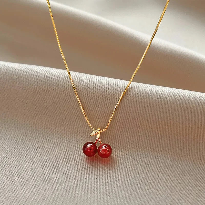 Red Cherry Pendant Necklace - Gold Chain Fruit Jewelry