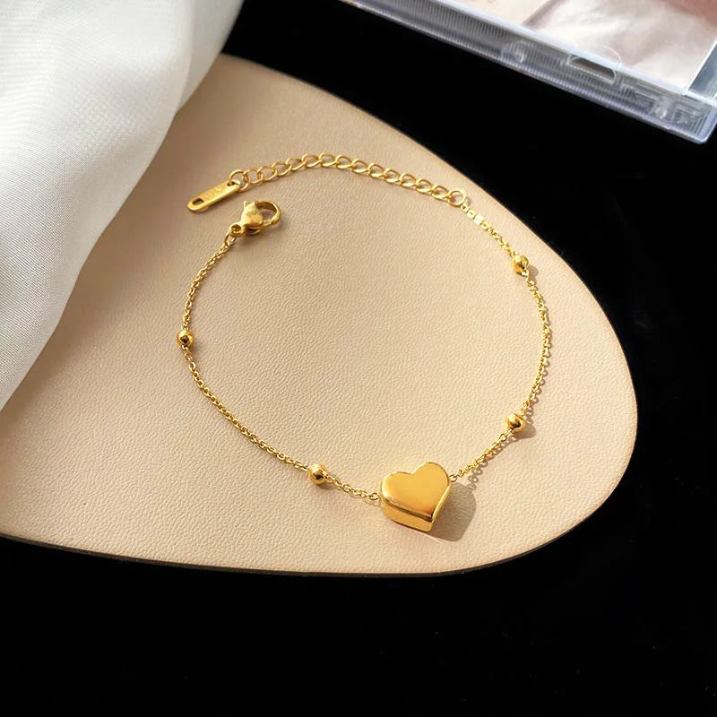 Gold Heart Necklace & Bracelet Set - Stainless Steel