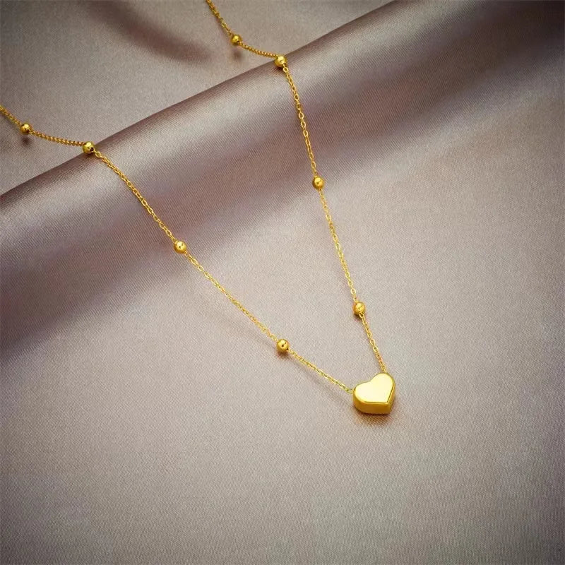 Gold Heart Necklace & Bracelet Set - Stainless Steel